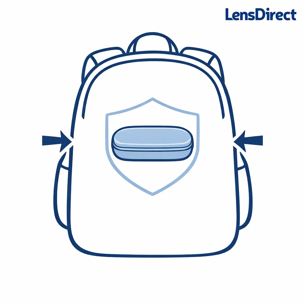 A minimal icon scene of a hard case protecting glasses inside a backpack outline on a white background.