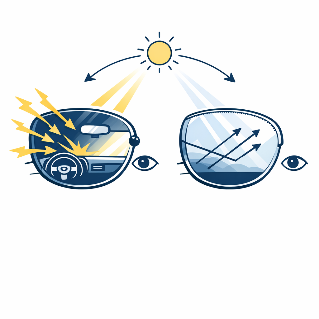 A lens cross-section shows rear-surface reflections reduced for more comfortable late-afternoon driving.