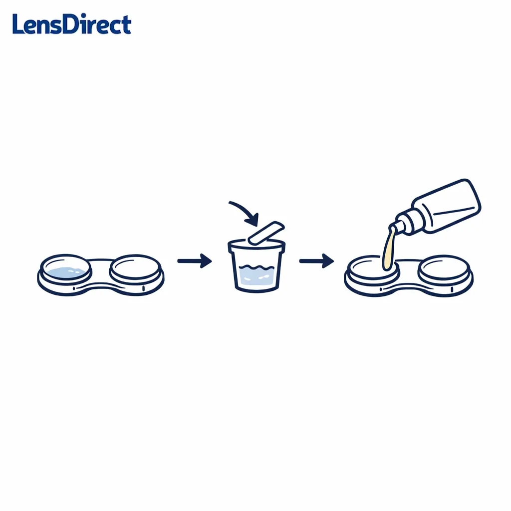 A lens case shown with a small amount of old solution and a clear cue to discard and refill with fresh solution.