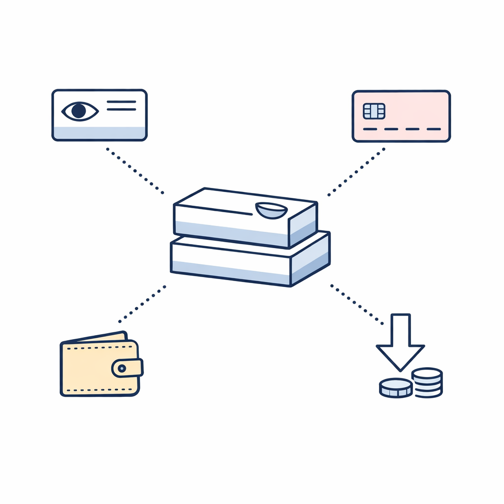 A benefits card, wallet, and contact lens boxes show how insurance and tax-advantaged funds can reduce out-of-pocket cost.