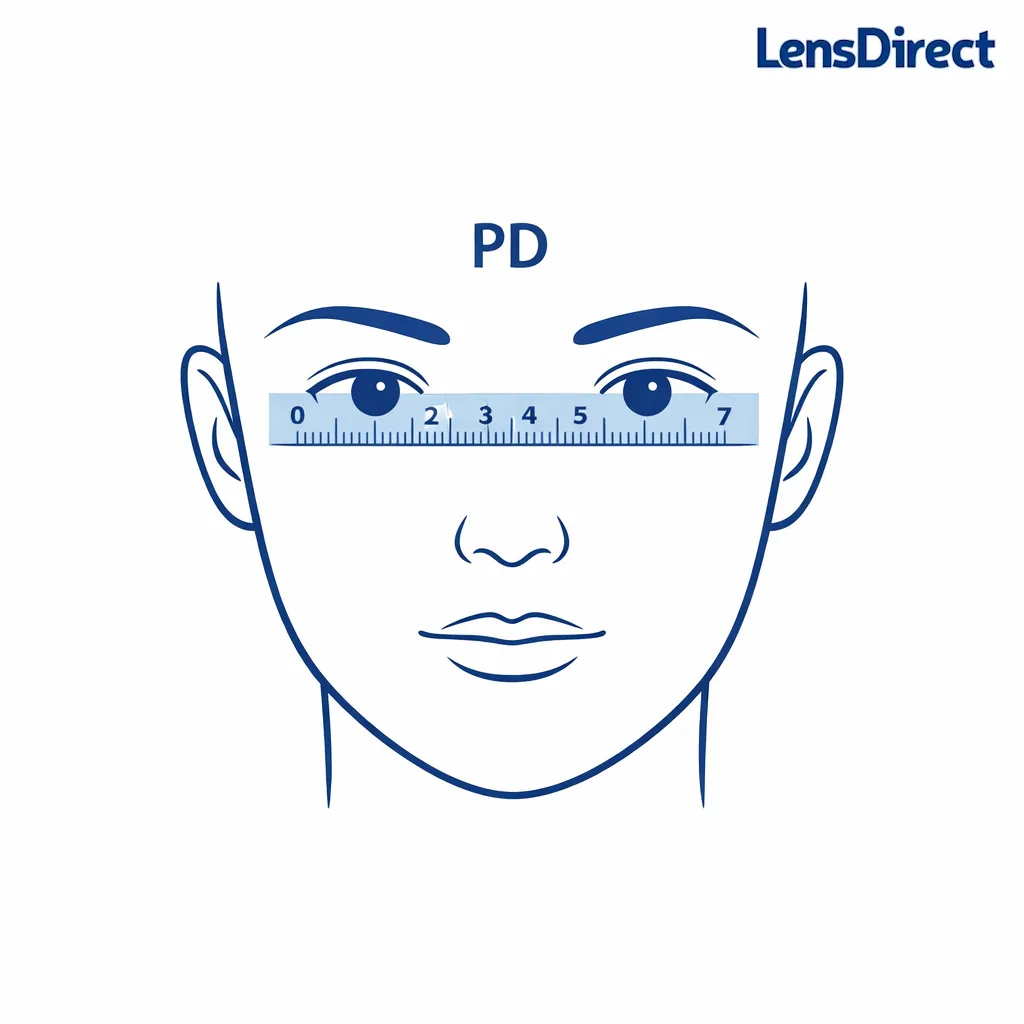 Minimal line-art face and ruler showing pupillary distance measurement with a short PD label.