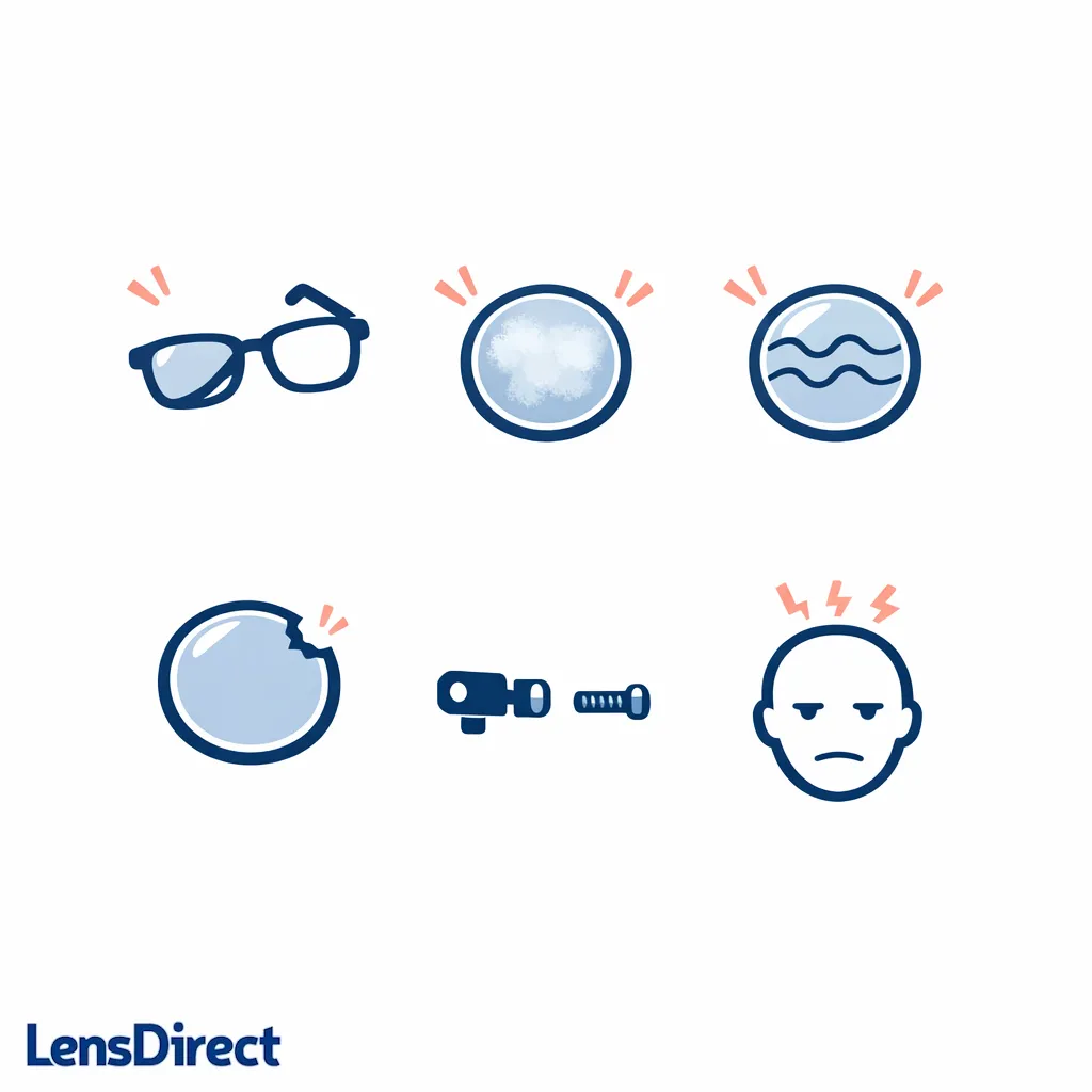 Icons depict crooked fit, hazy patches, ripples, peeling edges, and loose screws as potential heat damage signs.