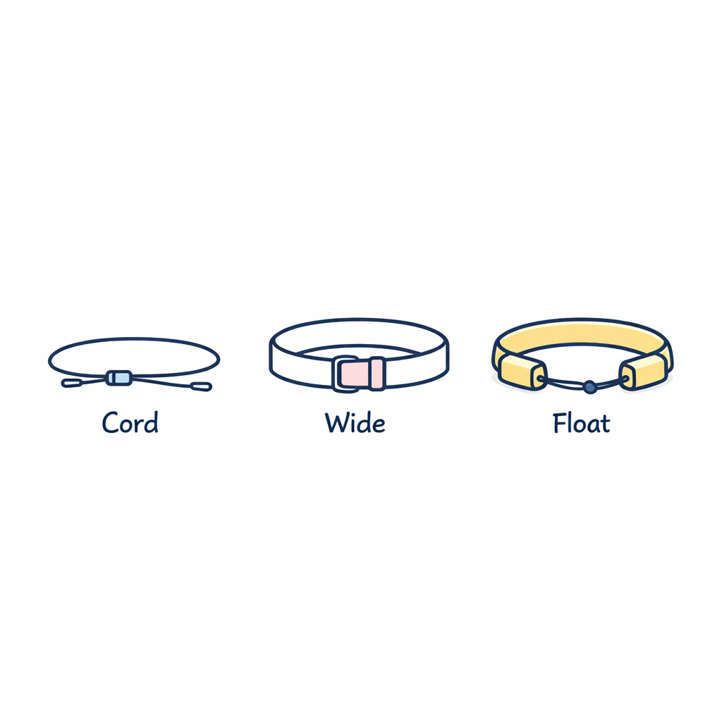 Three strap silhouettes comparing cord, wide neoprene, and floating styles in a clean lineup.