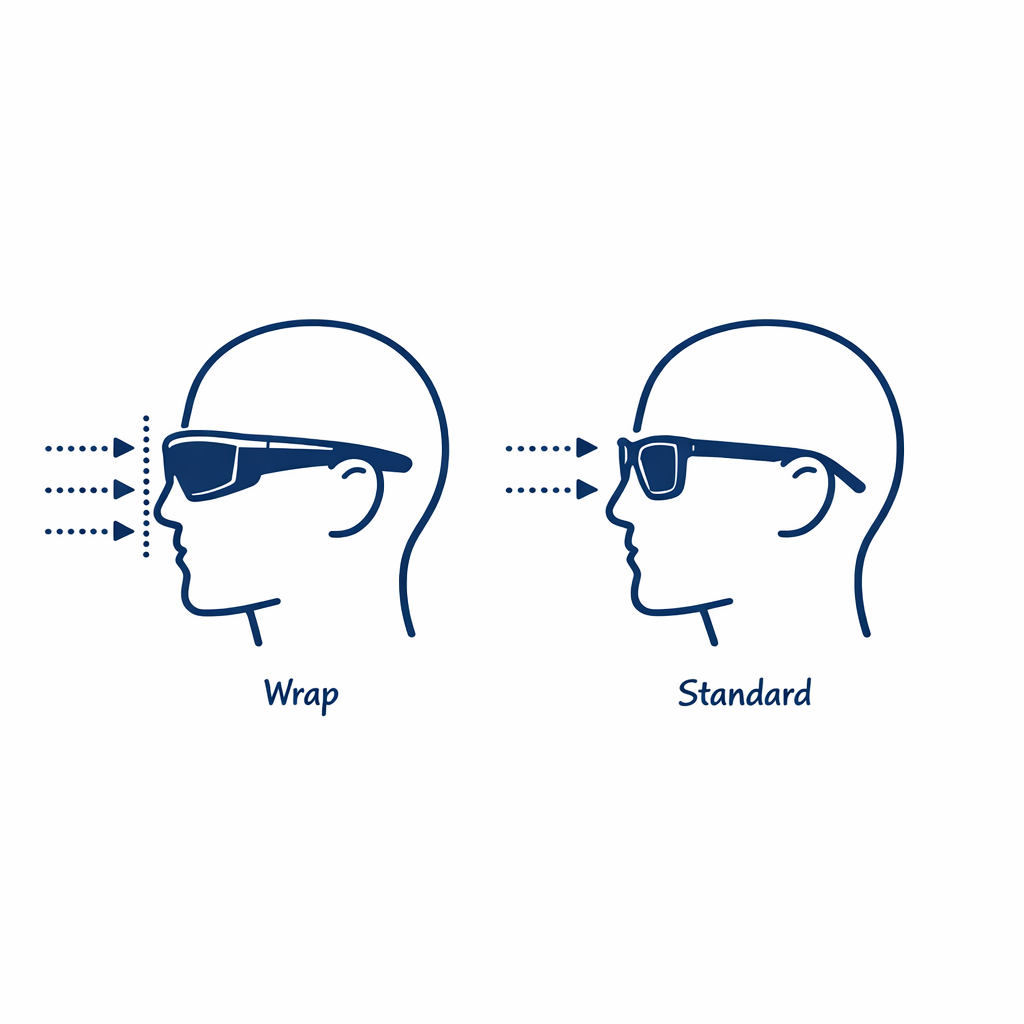 Side-by-side frame silhouettes compare wrap coverage and side light protection against standard lightweight frames.