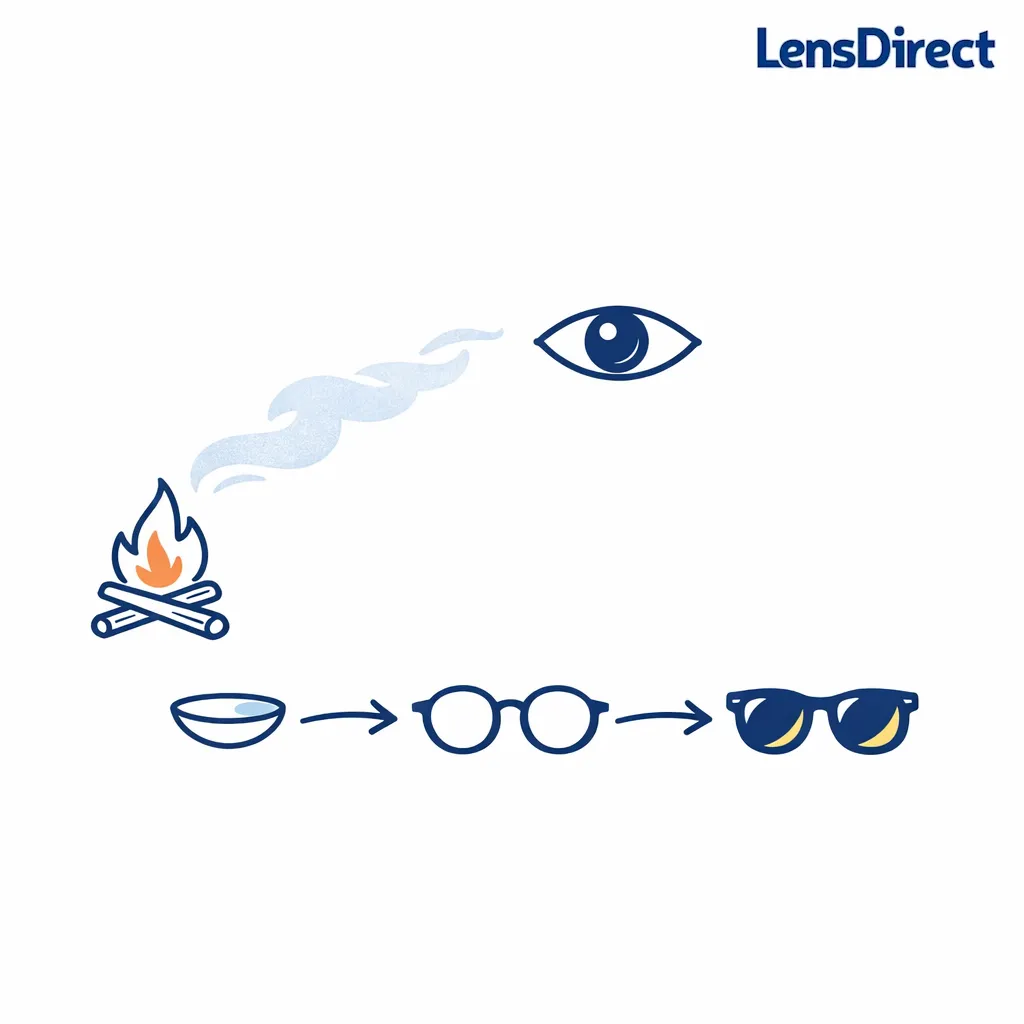 A campfire smoke plume near an eye icon with a switch to glasses and sunglasses as protection from irritation.
