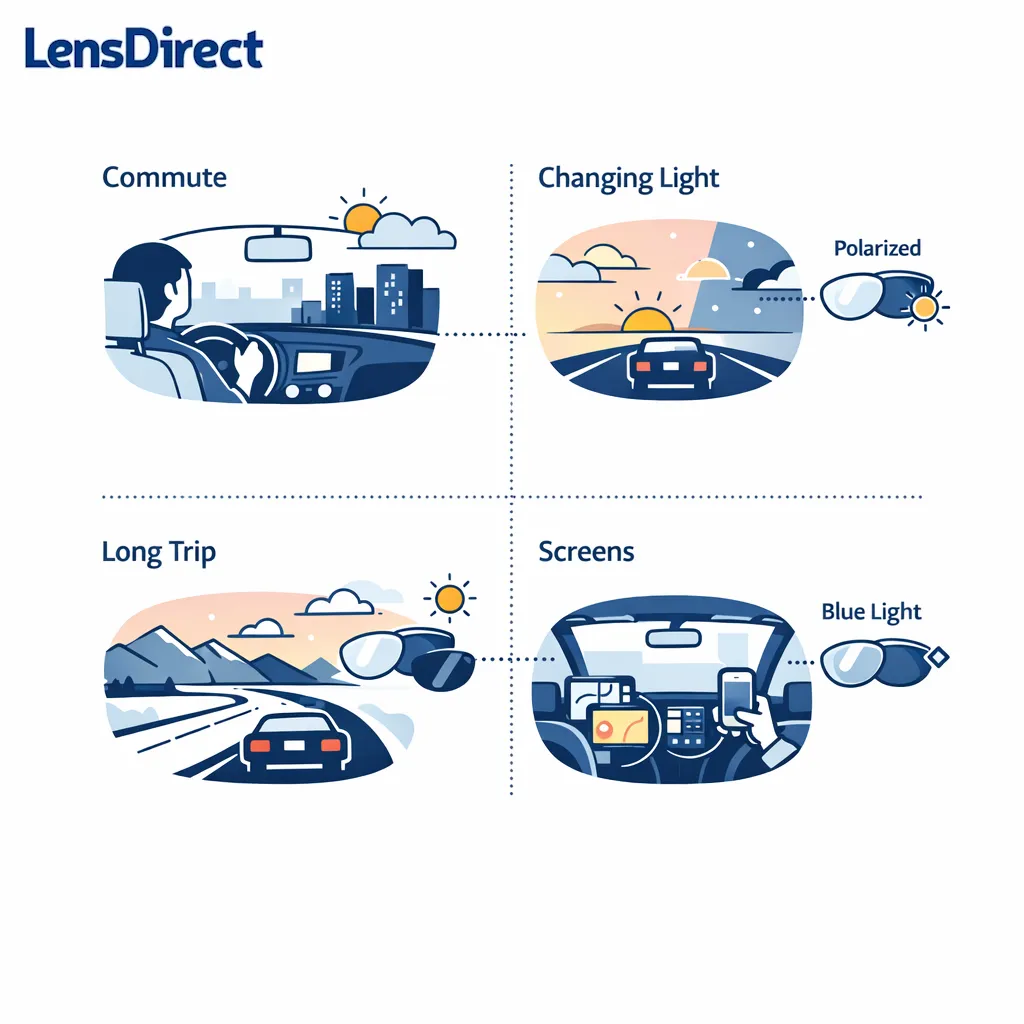 A four-part infographic matches lens types to commuting, mixed light, road trips, and digital dashboards.