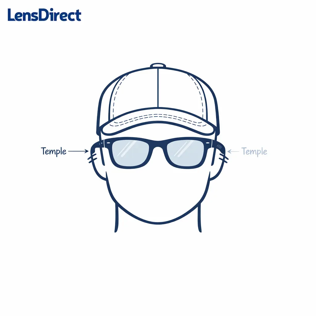 A cap and sunglasses diagram shows slim temples reducing pressure at the sides of the head.