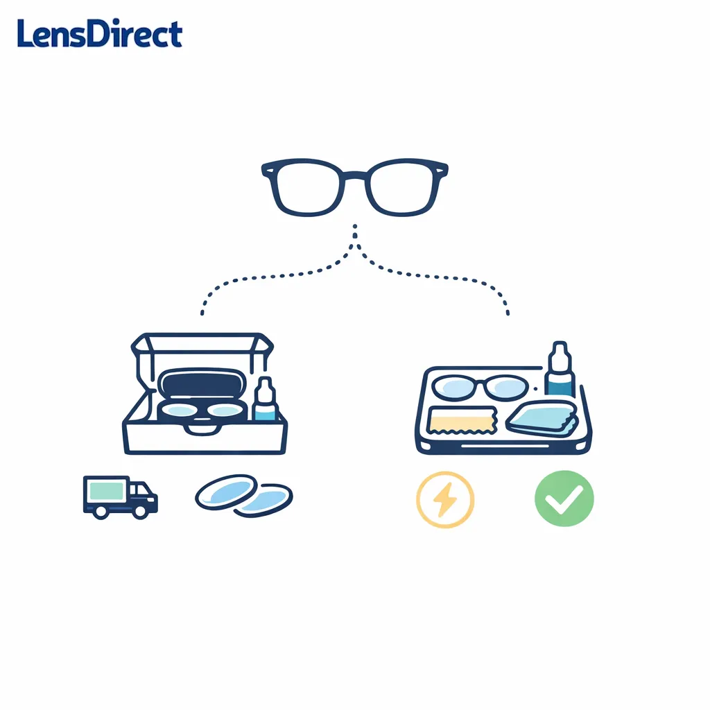Two clean pathways show mail-in lens service and self-directed replacement options.
