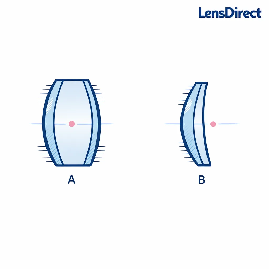 Side-by-side lens cross-sections showing different thickness and aspheric shape with subtle edge blur cues.
