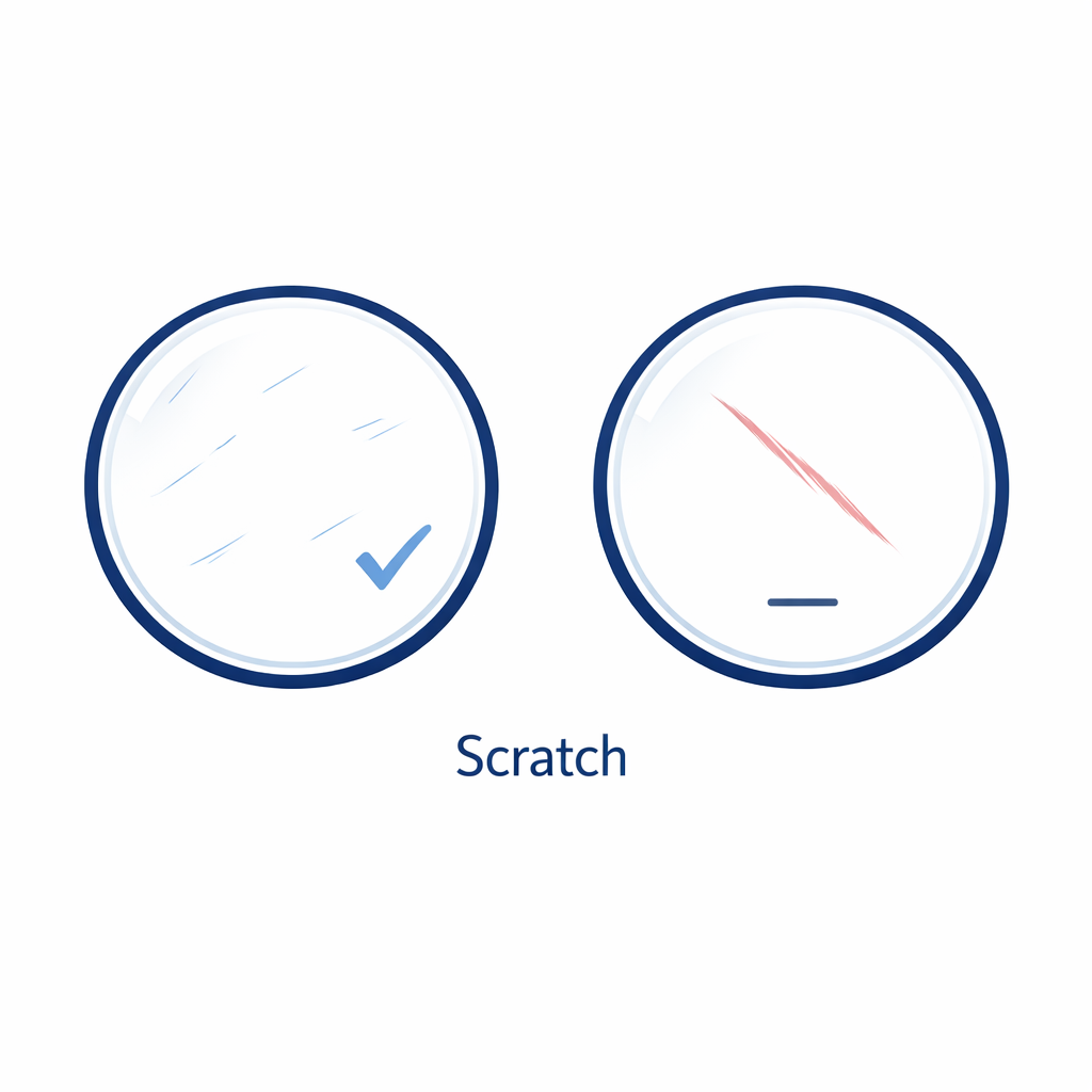 A split diagram showing light scuffs reduced versus deep scratches still possible, using minimal line art on white.