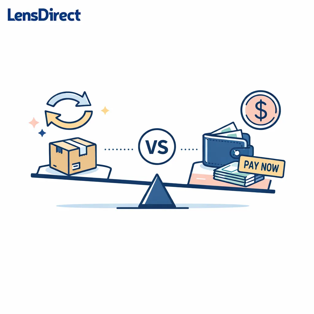 A delivery box and quick reorder icons contrast with a wallet to show convenience versus upfront budget tradeoffs.