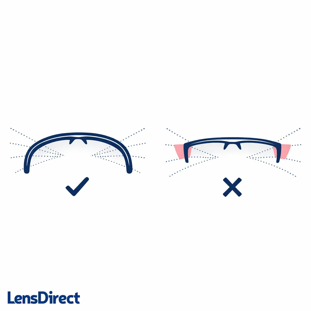 Top-down curved frame shape showing wider peripheral coverage versus a flatter frame with side gaps.