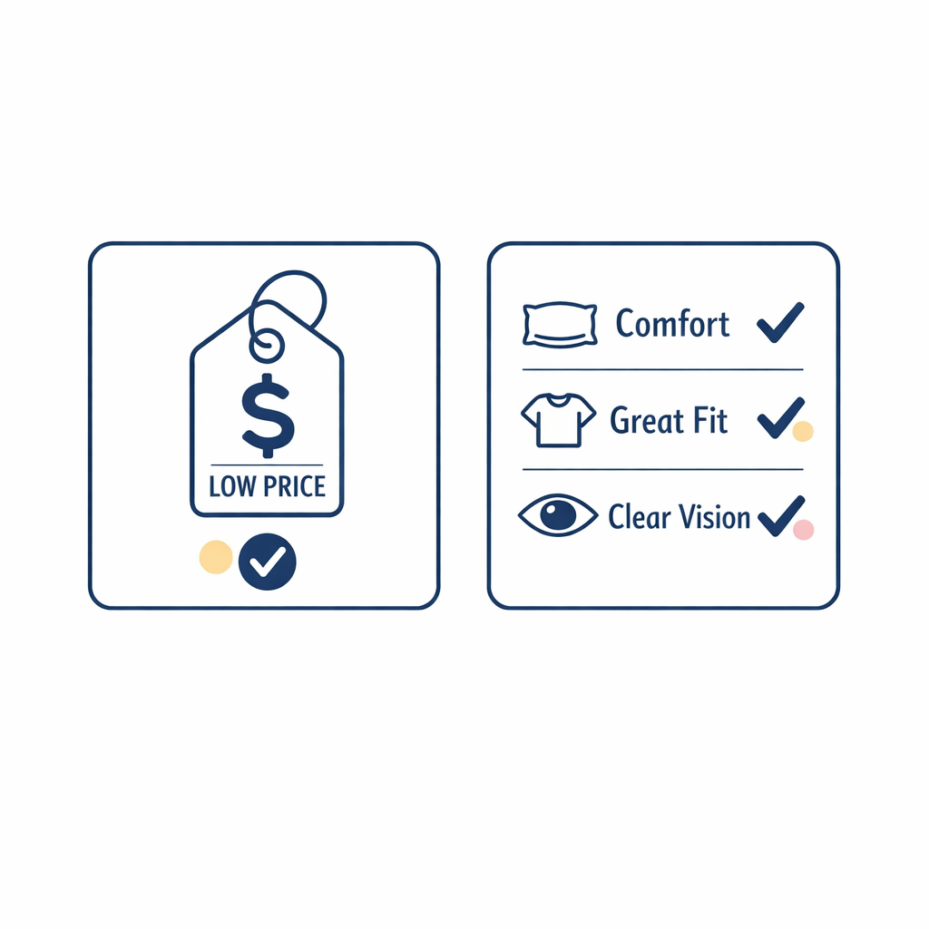 A checklist compares low price with actual comfort and everyday wearability.