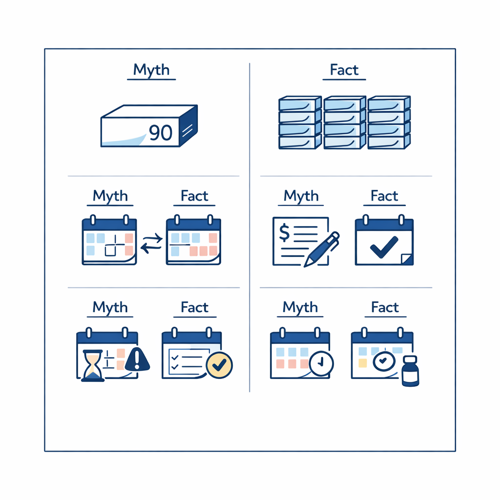 Simple myth-versus-fact icons correct common mistakes like 90-pack year supply and biweekly meaning every two weeks.