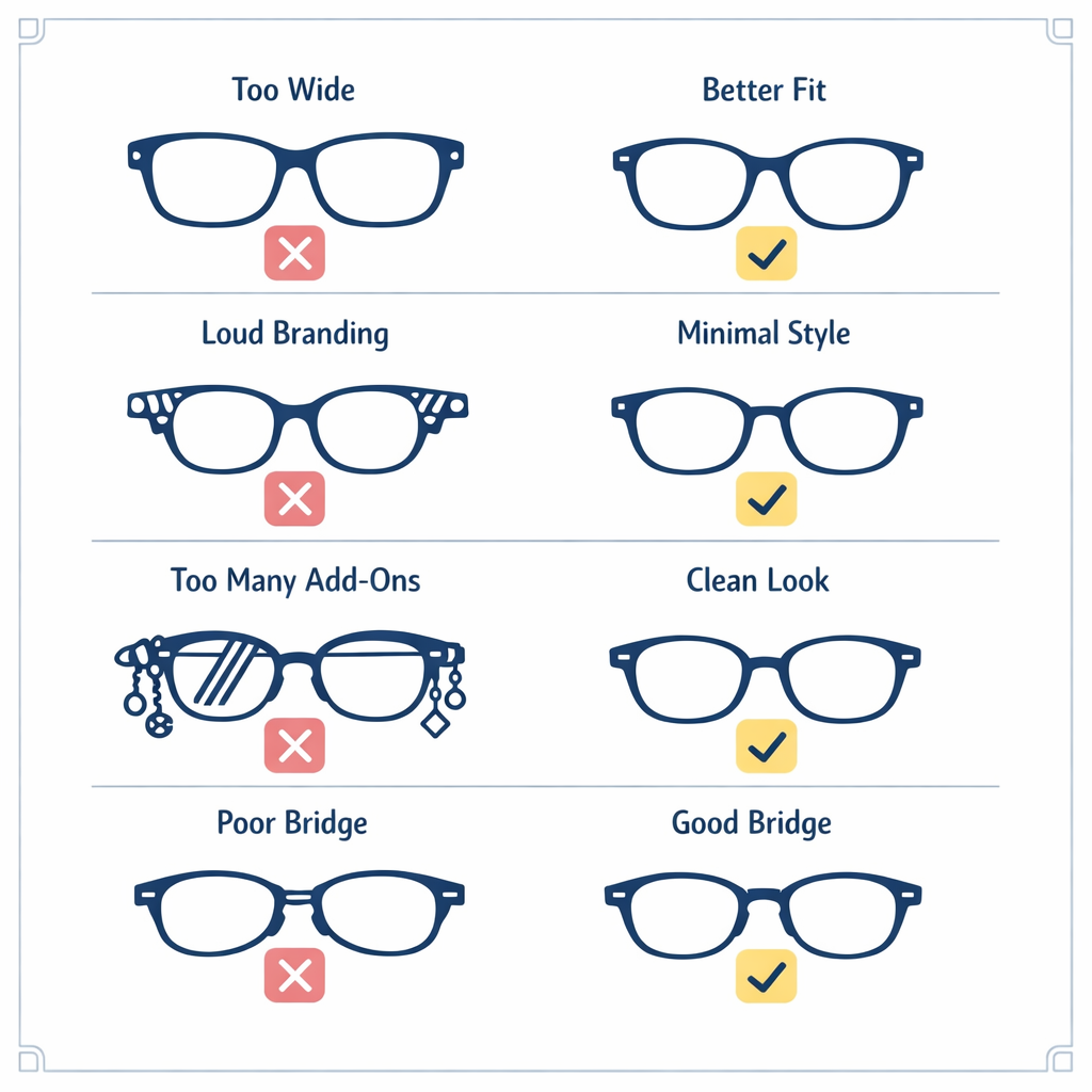 A simple checklist of frame missteps contrasts poor fit and overdone choices with cleaner decisions.
