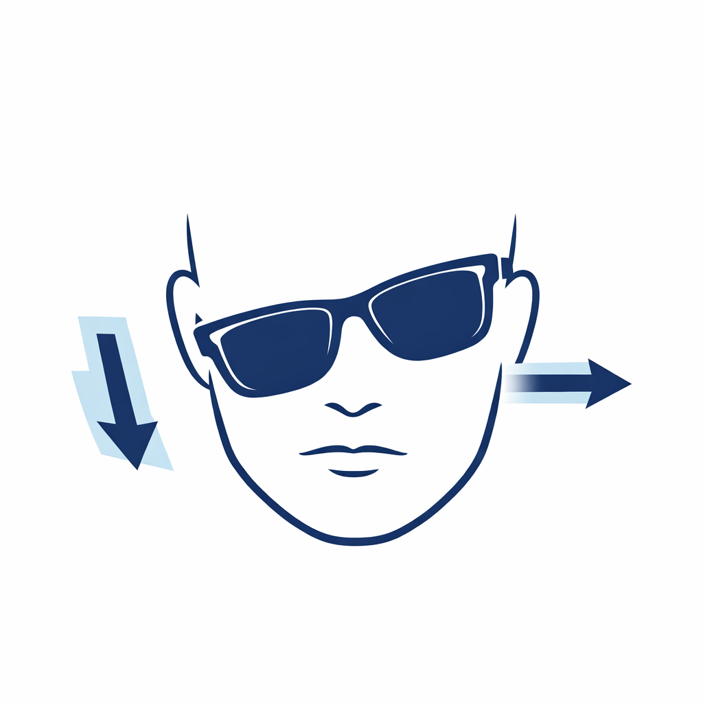 A face wearing slightly tilted sunglasses with arrows showing drift toward one cheek from misalignment.