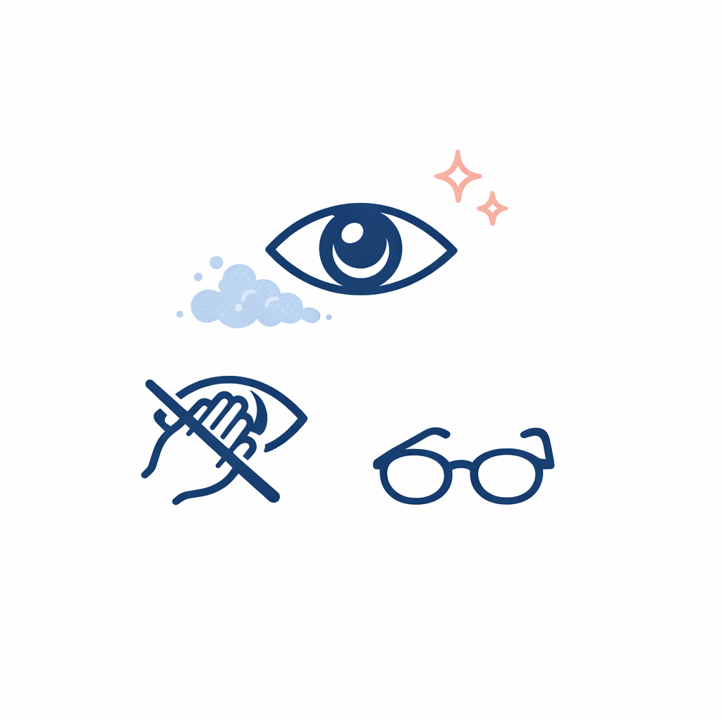A dust cloud and glitter specks near an eye icon with a simple cue to avoid rubbing and switch to glasses if needed.