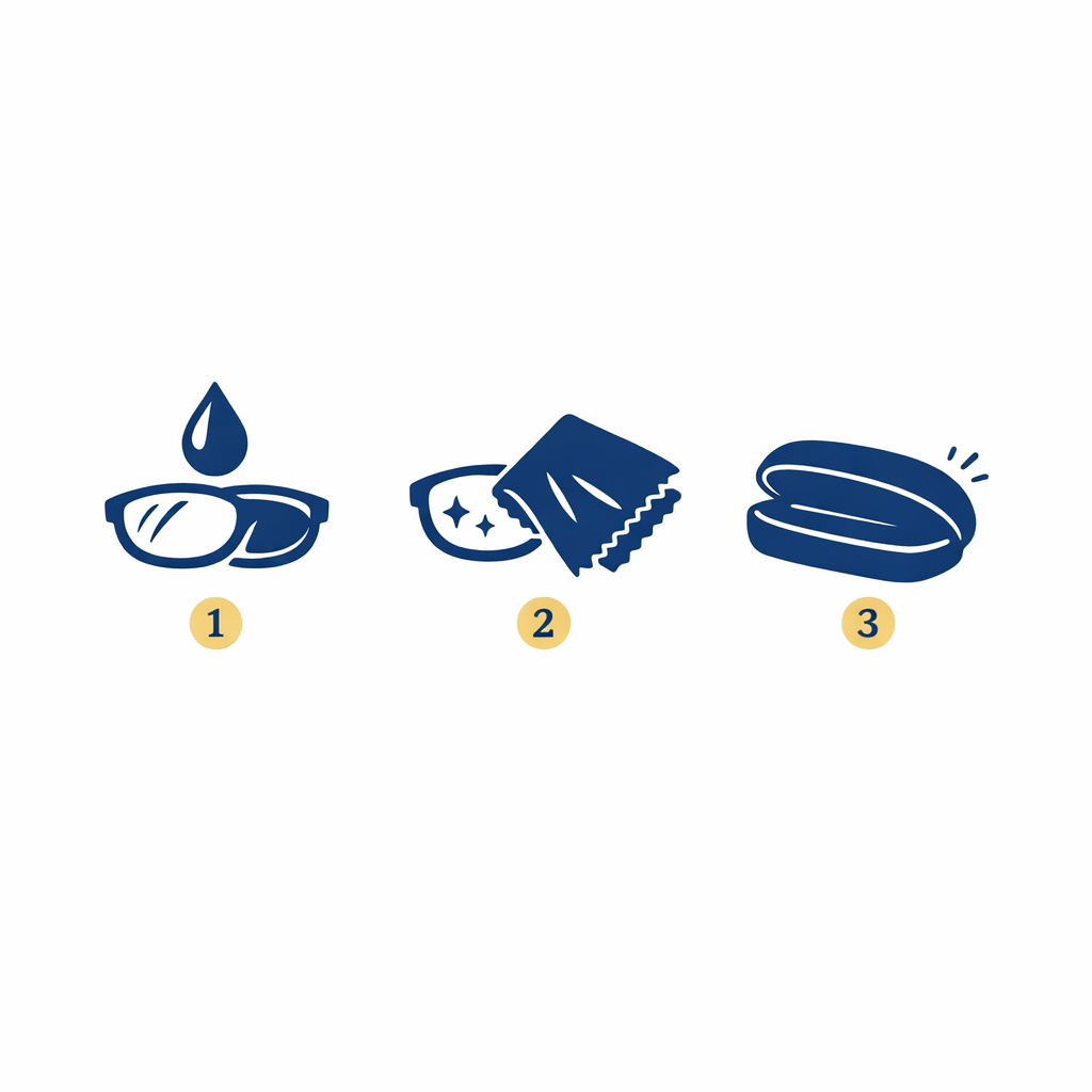 A minimal three-step cleaning diagram with rinse, microfiber cloth, and case icons on white.