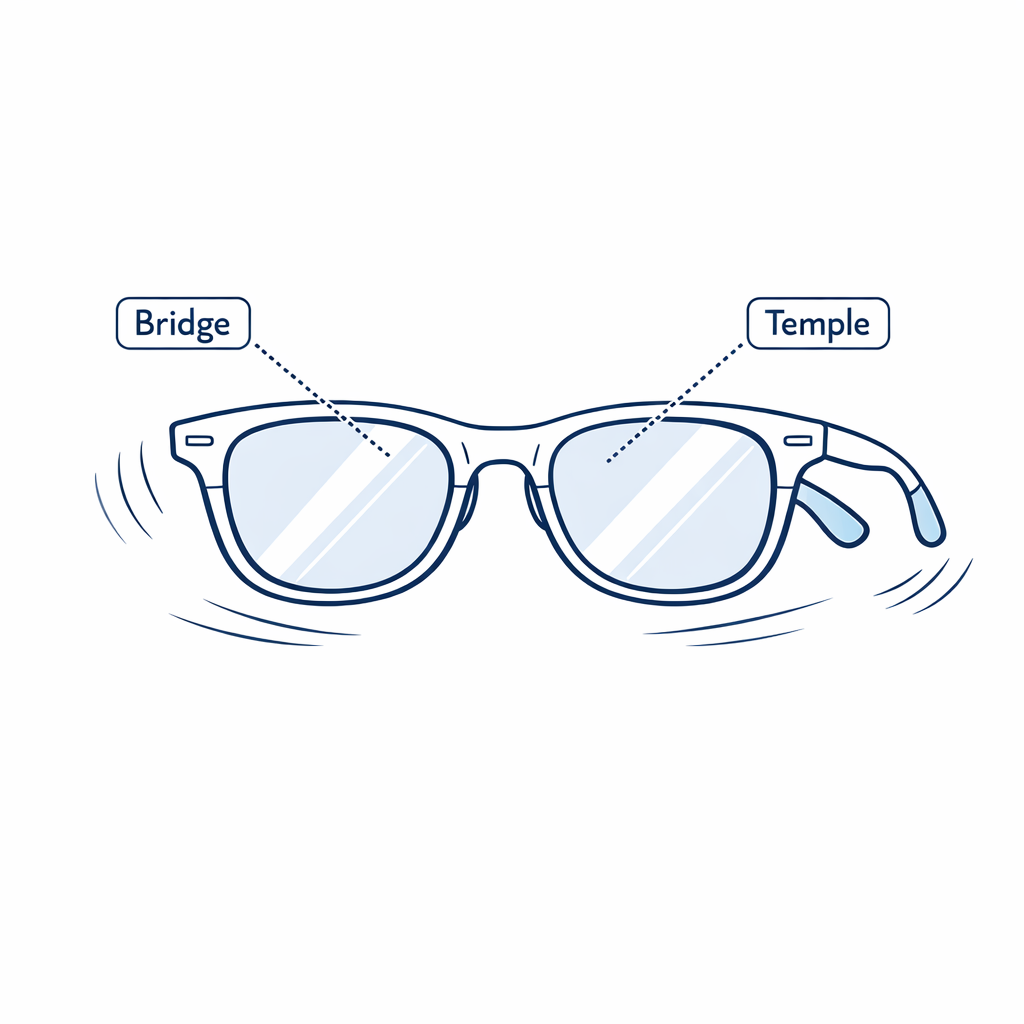 A close-up diagram highlights bridge and temple tips as key stability points during a swing.