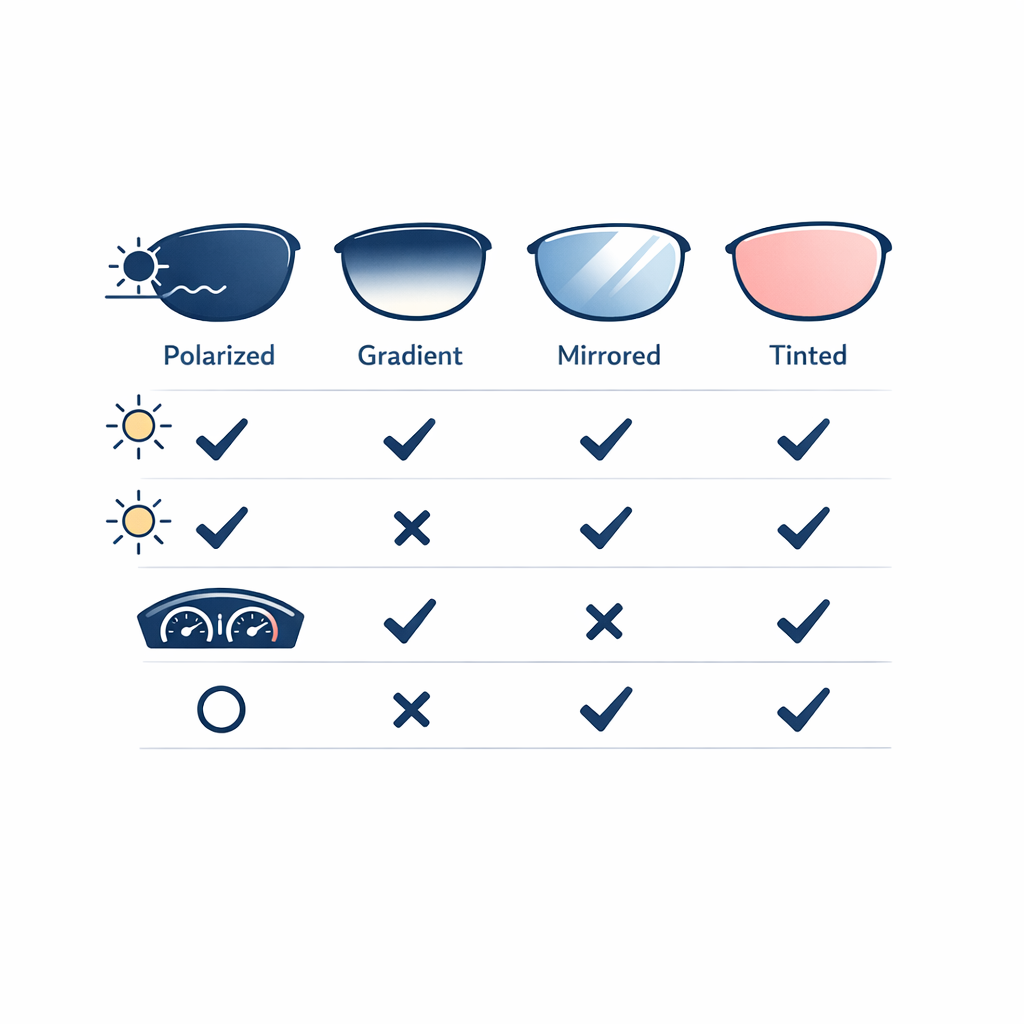 A simple side-by-side chart contrasts polarized, gradient, mirrored, and standard tinted lenses for driving.