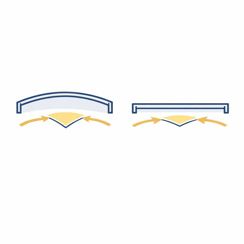Top-down arc frame diagram showing higher wrap angle versus flatter frame with comparison arrows.
