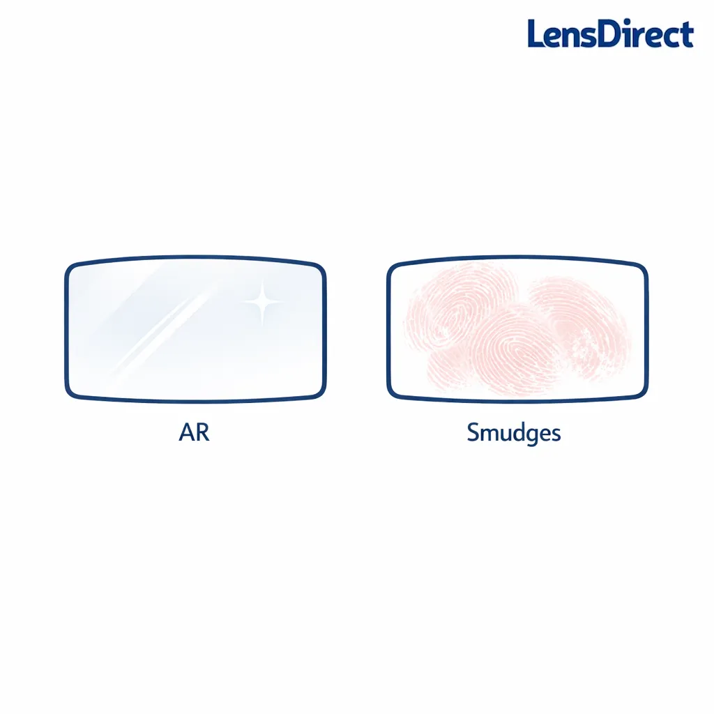 A simple comparison showing reduced glare but more visible smudges on a lens, in minimal line art on white.