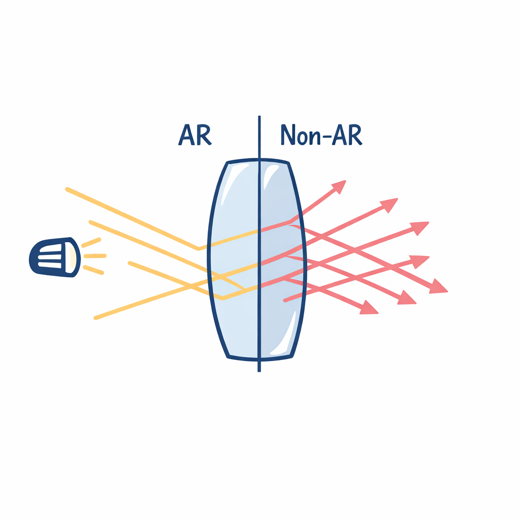 Lens icon with incoming light rays and fewer reflected rays to illustrate AR coating effect.