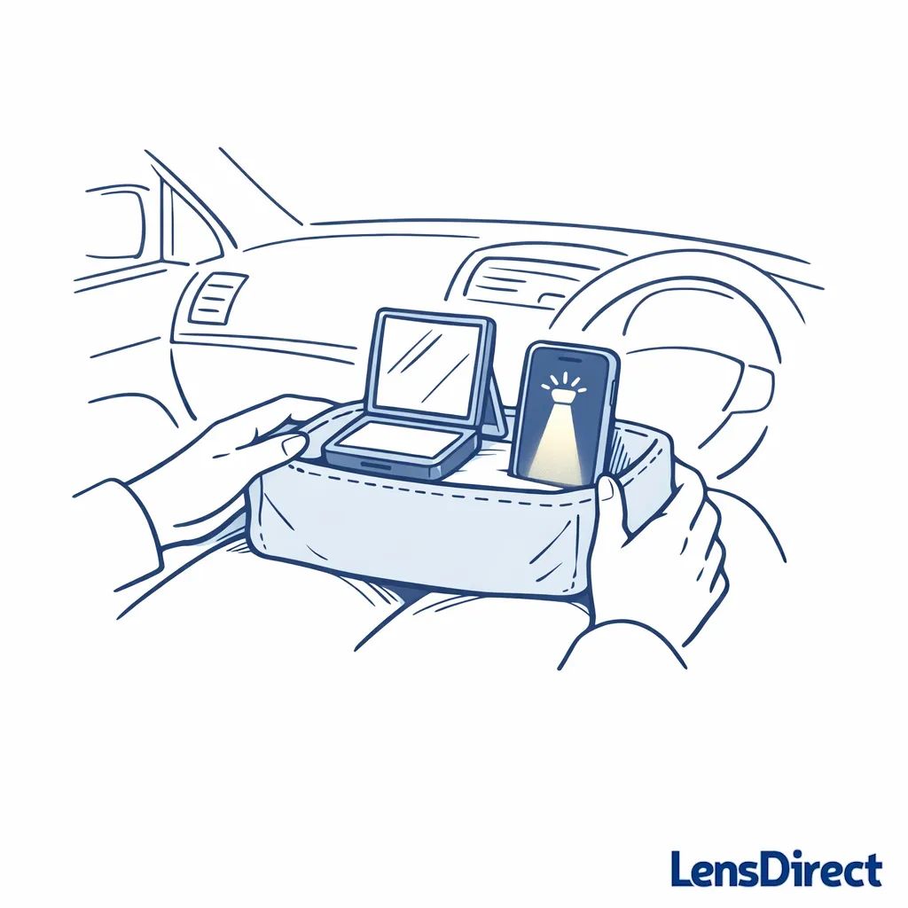 A car dashboard scene simplified to show a stable micro-station with mirror and light before handling contacts.