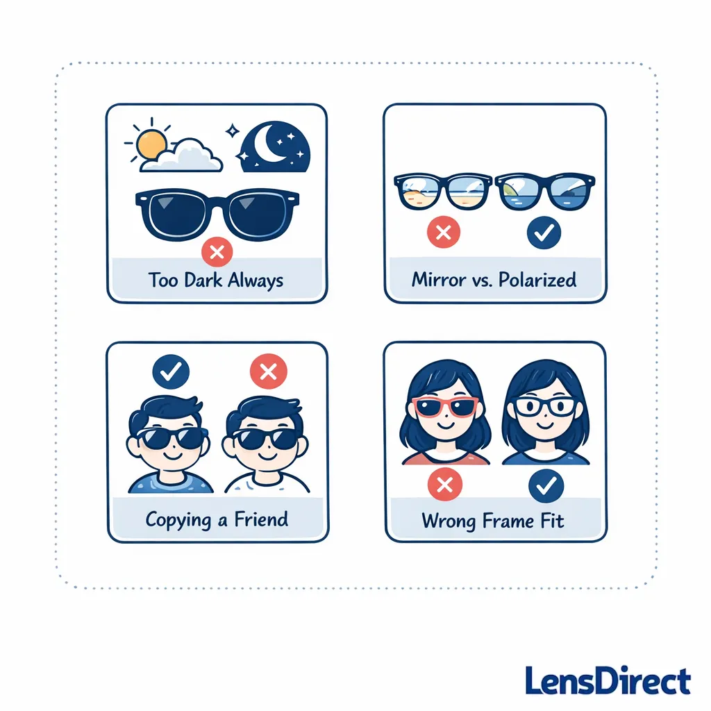 A neat icon-based layout warns against choosing by darkness alone or confusing mirror with polarization.