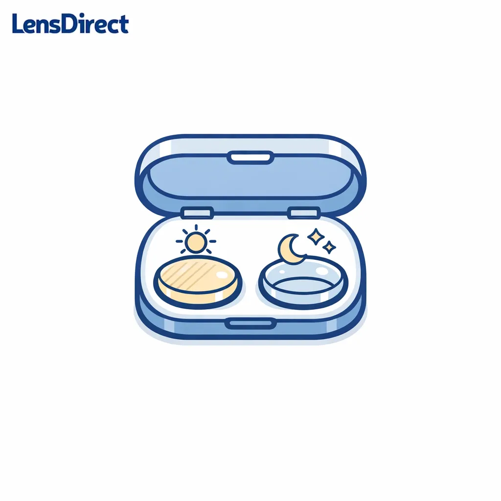 Two lens icons in a compact case showing a polarized daytime lens and a clear or light tint lens for dusk.