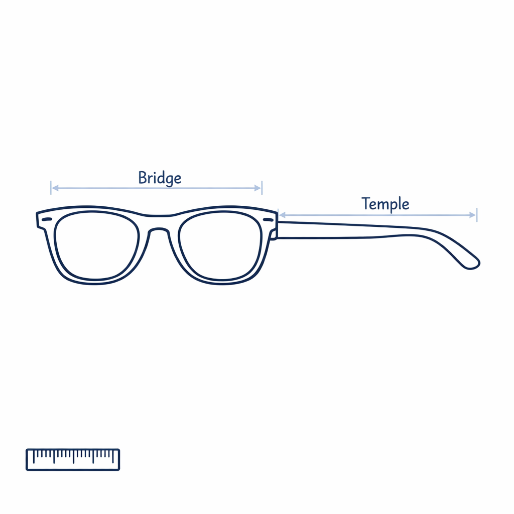 A simple ruler and sunglasses diagram highlighting bridge width and temple length for stable online shopping.