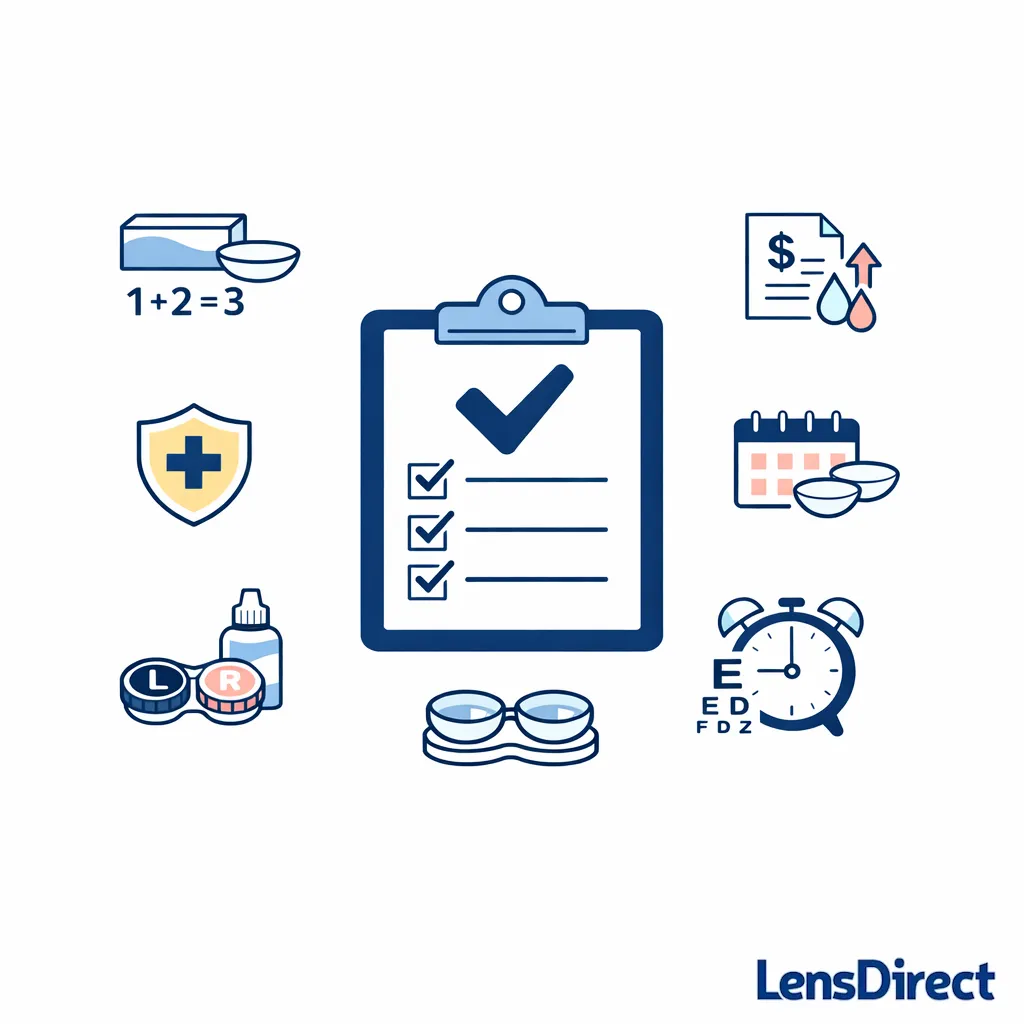 A final checklist brings together boxes, rebates, benefits, storage, and wear habits for a confident contact lens purchase.
