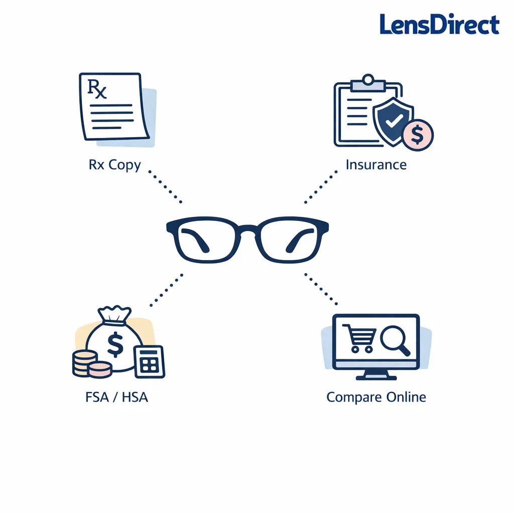 Insurance, FSA, and comparison shopping icons map out practical ways to cut eyewear costs.
