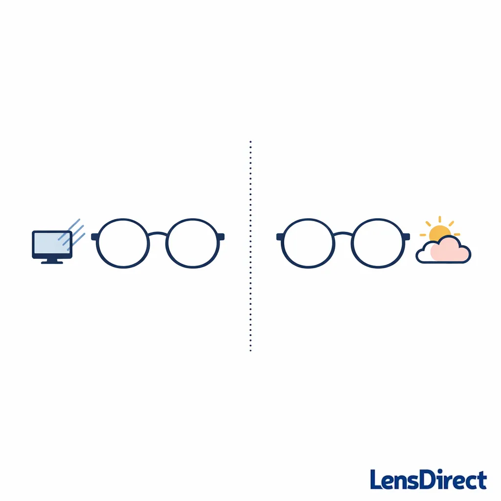 Two lens icons compare screen-focused and light-responsive lens upgrades.