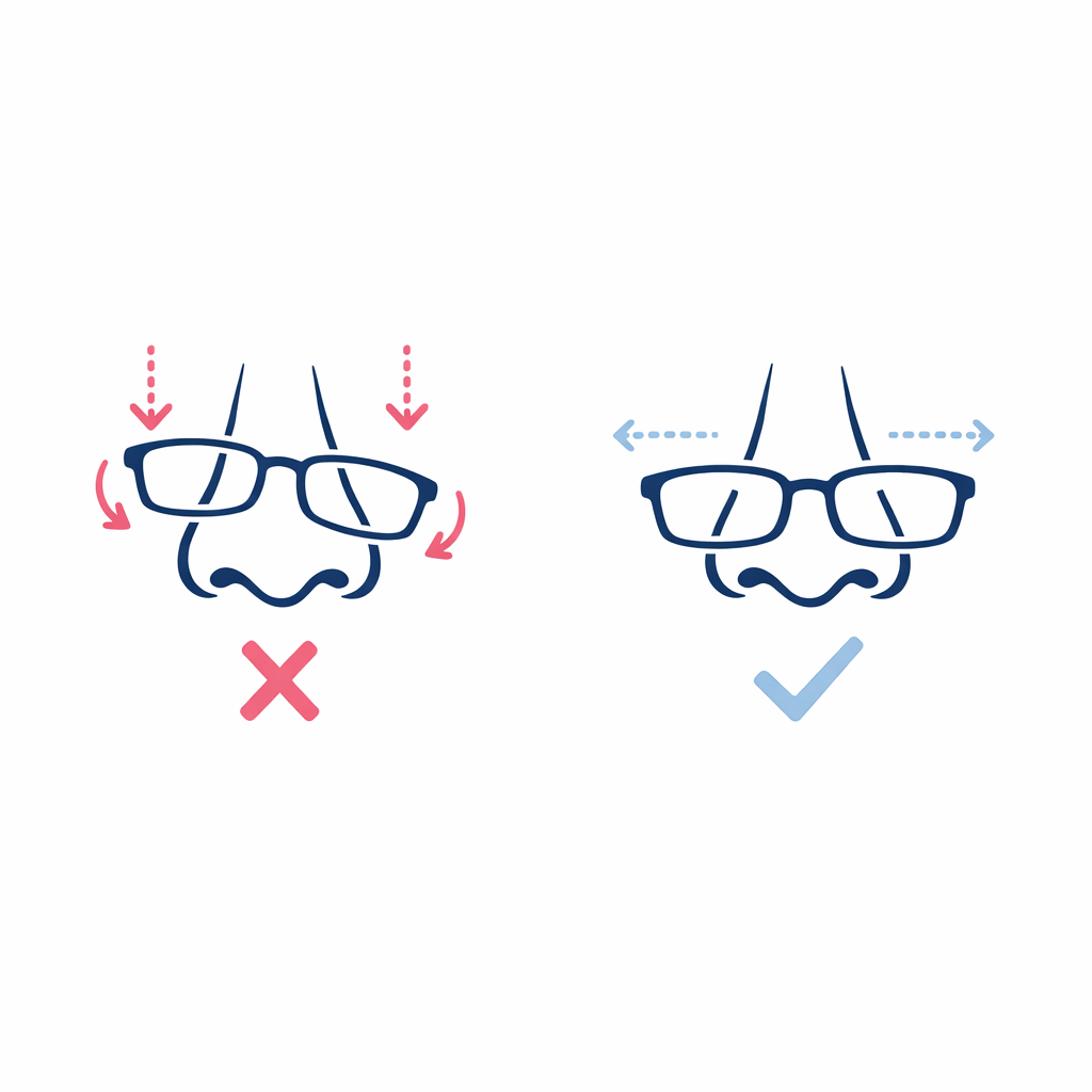 Simple diagram showing a frame slipping down a nose versus stable fit, with arrows and check icons.