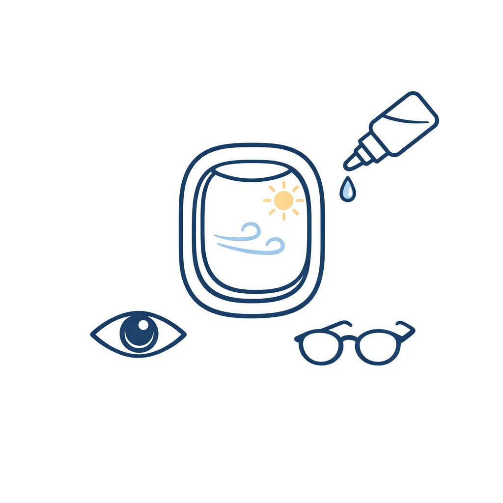 A plane window icon with lubricating drops and glasses shown as options for managing contact discomfort in dry cabin air.