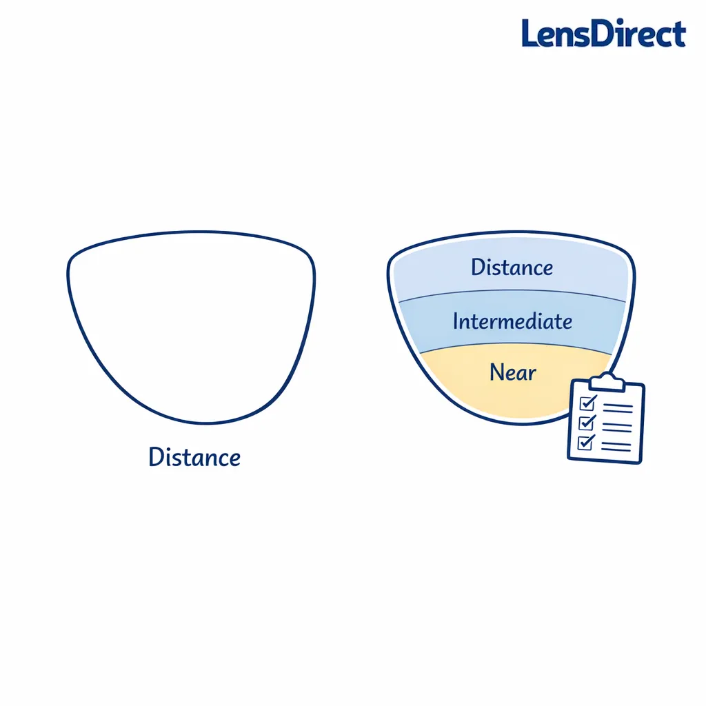 A lens diagram compares clear distance zone in single vision with multiple zones in progressives for scorecard checks.