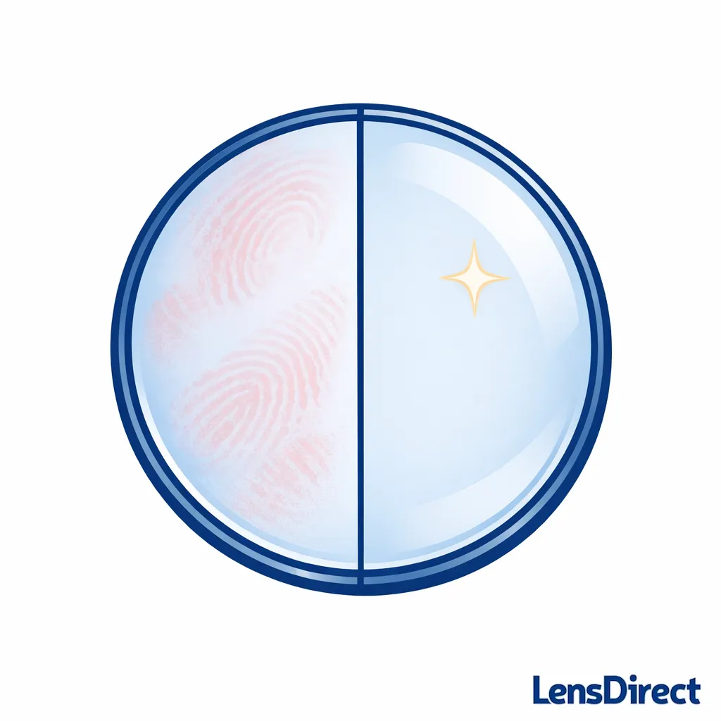 Close-up lens with fingerprint smudge marks on one side and a clean lens on the other.