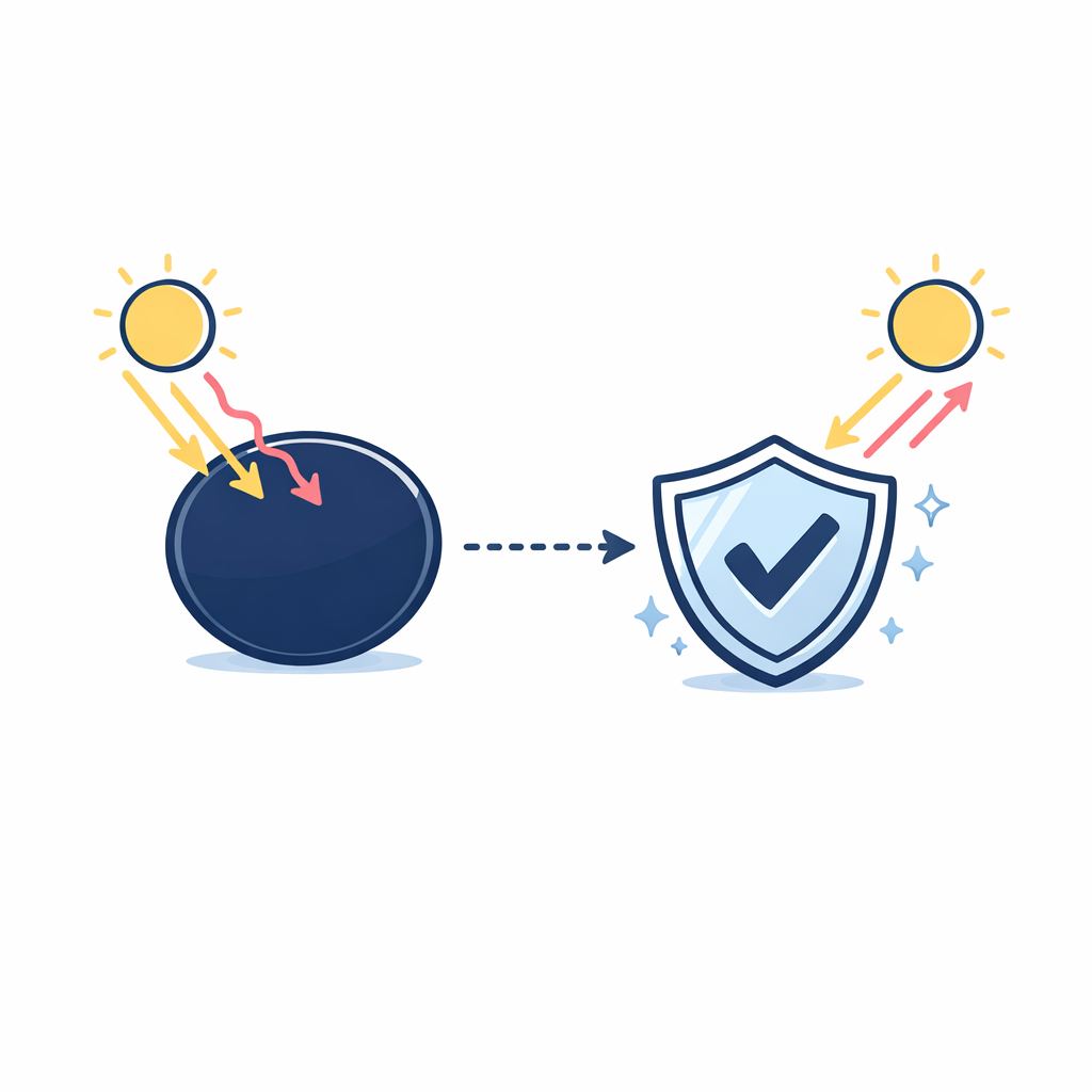 A lens and sun diagram emphasizes full UVA and UVB protection instead of relying on dark tint alone.