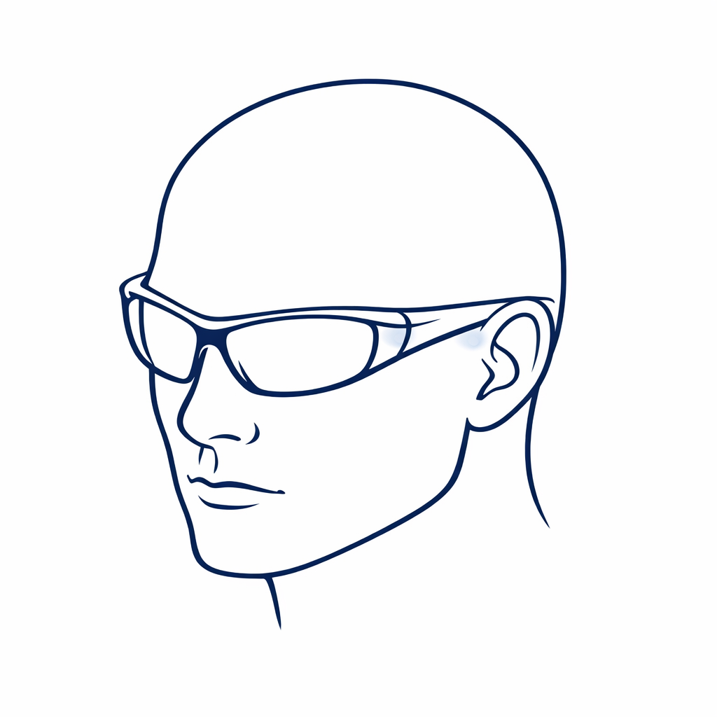 A wrap-style sunglasses silhouette showing increased side contact around the head for reduced bounce.