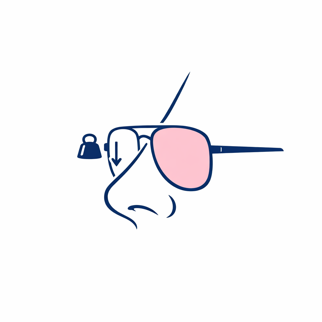 A sunglasses side view with a weight icon at the lenses showing how front-heavy frames can pull downward.