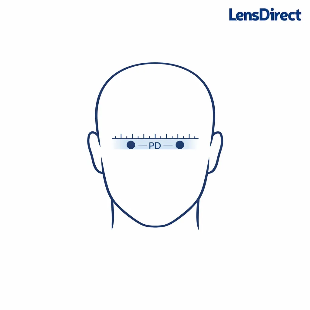 A simple PD measuring diagram shows pupillary distance marked between two pupils using a ruler line.