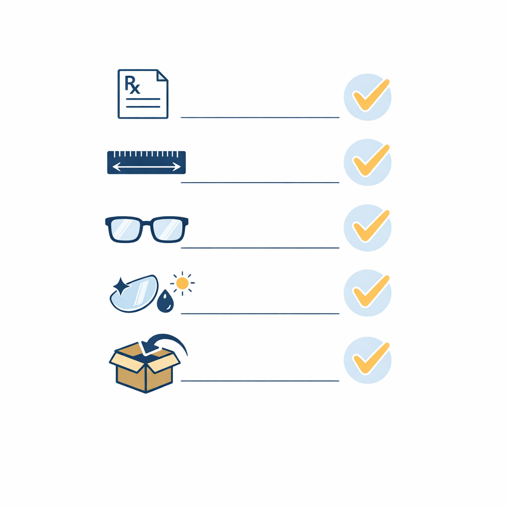 A concise illustrated checklist shows the essentials to review before buying glasses online.