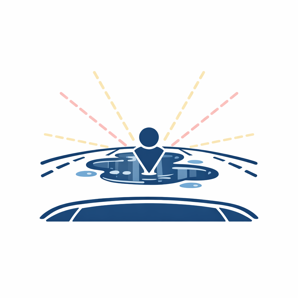 Illustration identifying common glare sources like car hood, windshield, wet pavement, and water with reflective rays.
