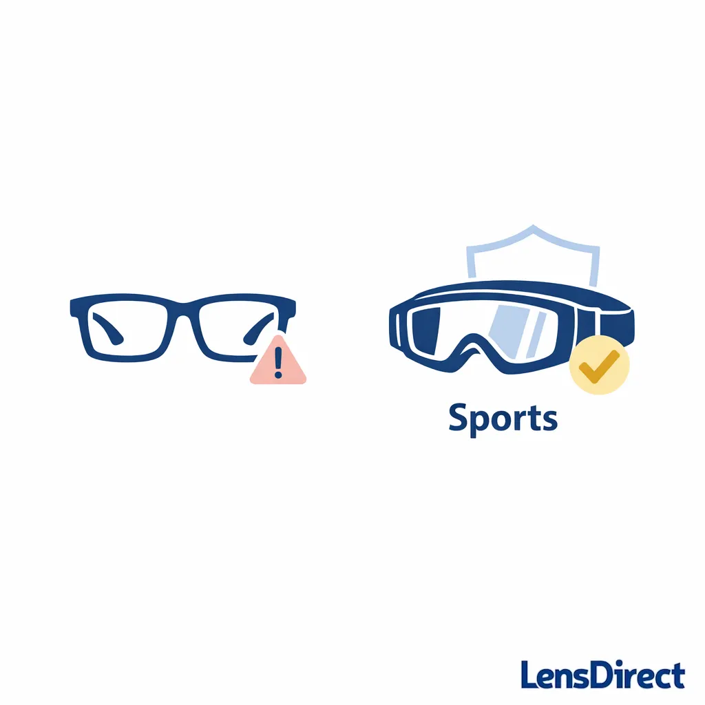 A minimal diagram contrasting everyday glasses with sports goggles using icons and a safety shield on white.