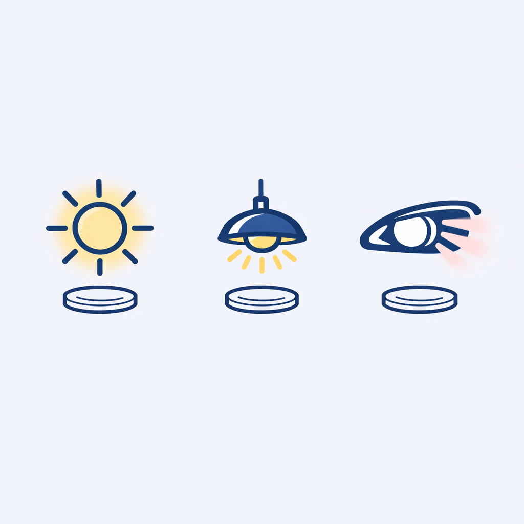 Three small scene icons for daylight, office LEDs, and night driving arranged as a quick test grid.