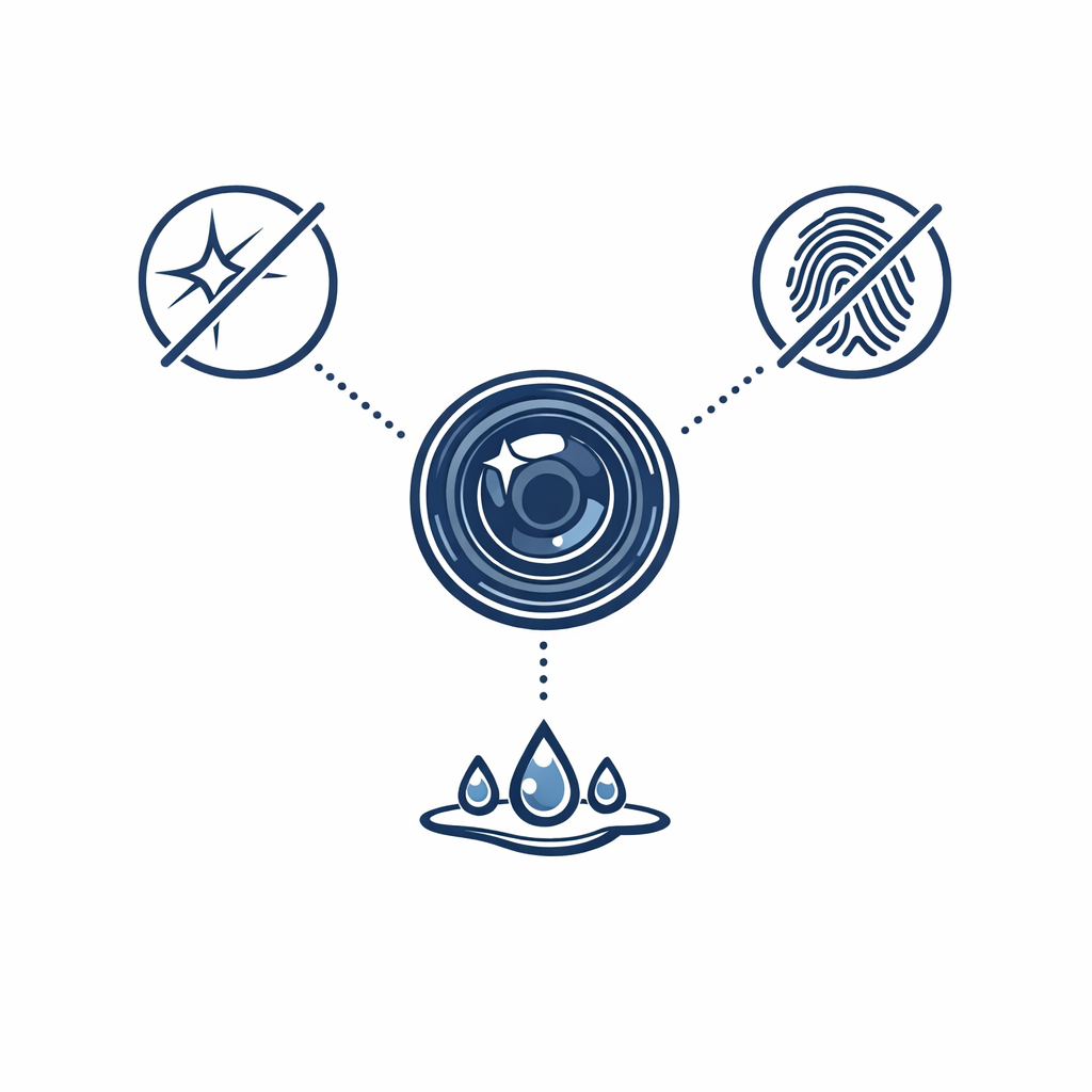 Three small icons represent anti-reflective, smudge resistance, and water beading on a lens.