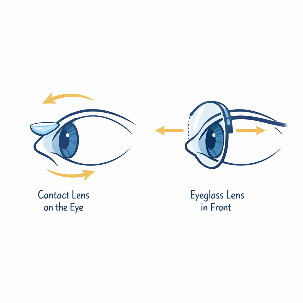 Simple eye diagram showing a contact lens on the eye versus glasses lens in front of the eye.