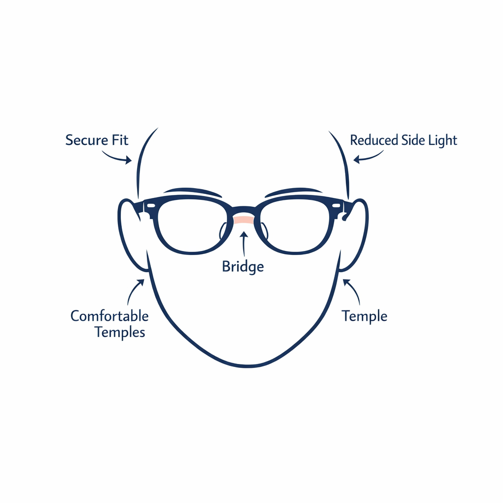 A glasses fit illustration shows stable comfort, side coverage, and all-day wear for road trips.