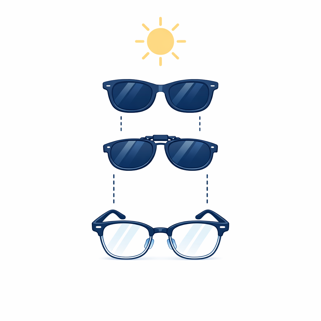 A clean icon set showing clear glasses plus sunglasses or clip-ons for bright conditions on white background.